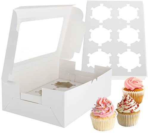 GOYADA Lot de 30 Boîte à Cupcakes 6 Trous, Boîte à Muffins avec Fenêtre Transparente, Boîtes à Gâteaux en Carton pour Cupcakes, Décoration de Gâteaux - Blanc