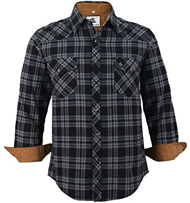 Coevals Club Flanellhemd Herren Langarm Kariertes Druckknöpfe Baumwolle mit Tasche Normale Passform Freizeithemd (Schwarz Grau #9 L)