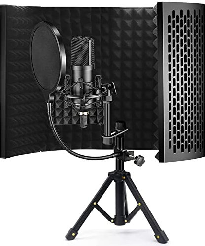 Bouclier d'isolation pour microphone avec trépied, combinaison en mousse pliable à 5 panneaux, Bouclier d'isolation de microphone avec filtre anti pop, pour micro de studio