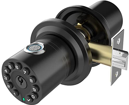 iuknob Pomo de puerta de huellas dactilares con teclado y llave, cerradura digital biométrica inteligente con programación de navegación por voz, mango electrónico de zinc combinado para puertas