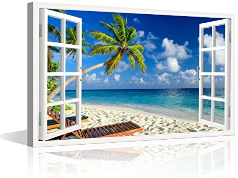 TISHIRON Leinwandbild, 3D-Fensterblick, Sommerzeit, Kunst, Strand, Meer, Kokosnussbaum, Bild für Zuhause, Büro, Badezimmer, Schlafzimmer, gespannt, Giclée-Gerahmter Druck, fertig zum Aufhängen, 40,6 x