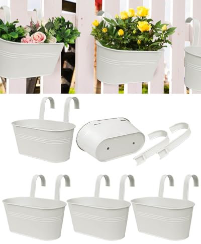 Metal Hanging Flower Pots for Railing Fence - 5 PCS White Large Hanging Planter for Balcony Metal Iron Buckets with Removable Hooks & Drainage Holes Outdoor Garden Home Decor (11 Inch)