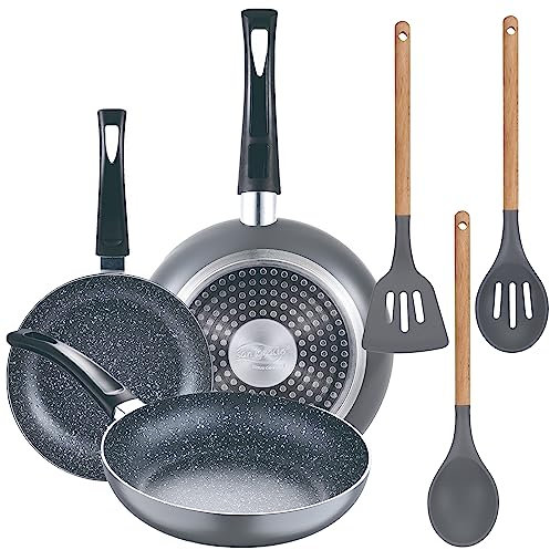 Set 3pc sarten (16+20+24cm) aluminio prensado, inducción, negra soul marble con Set 3pc utensilios de cocina silicona madera