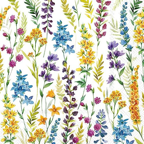 Silba Cocktail-Servietten – 40 Stück | 2 Packungen mit 20 Stück | Blumenmuster in Gelb, Blau und Lila | 12,7 x 12,7 cm gefaltete Größe | 3-lagig | Deutscher Druck, ungiftige Farbstoffe
