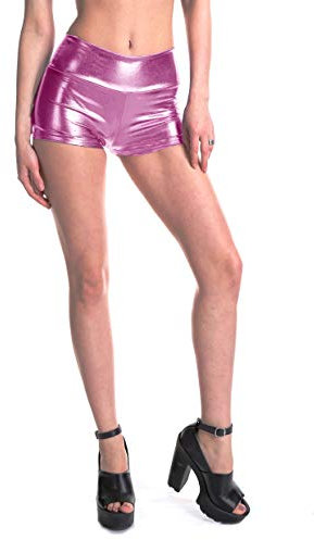 YUDATPG Frauen Glänzende metallische Booty Shorts Reflektierende Hotpants Bottom Rave Hohe Taille Unterwäsche Nachtclub Party Outfit, rose, Medium