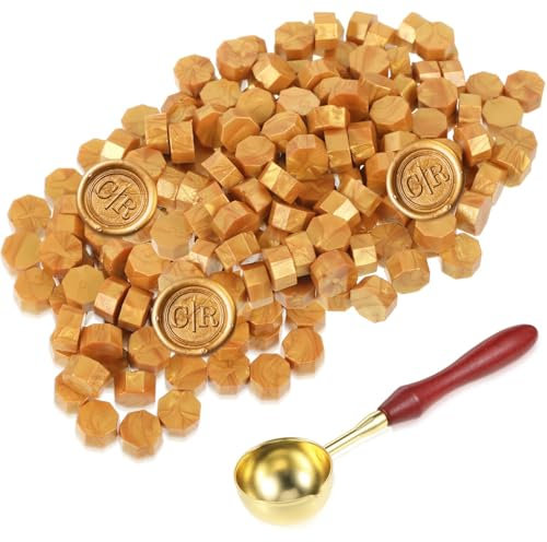 300 Stück Siegelwachs,Siegelwachs Perlen Mit 1 Wachsschmelzlöffel,siegelwachs ,wachssiegel Stempel Für Vintage Siegellack Und Brief, Einladungen,Weihnachtskarte (Gold)