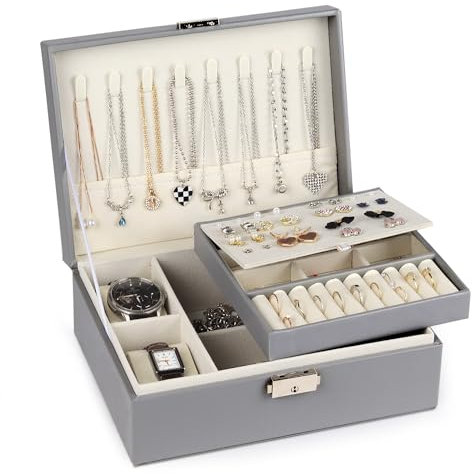 Leerweii Schmuckkästchen Mädchen, 2-Layer PU Leder Schmuckaufbewahrung Schmuckbox mit 2 Uhrenkissen Schmuckschatulle mit abnehmbarem Tablett für Ohrringe Ringe Halsketten Uhren Armbänder, Grau