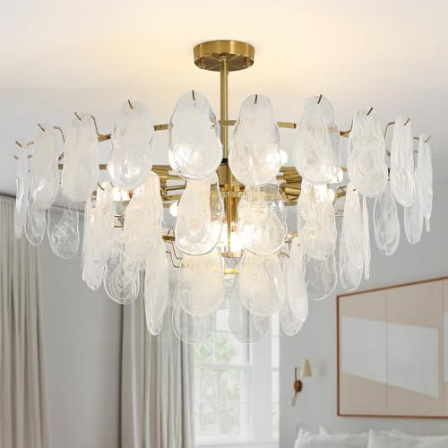 Depuley Modern Kronleuchter Kristall, 70cm Kristall Deckenleuchte Gold, Deckenlampe Wohnzimmer mit 3 Schichten Glaslampenschirme,12xE14 Lichter für Esszimmer, Schlafzimmer, Restaurant