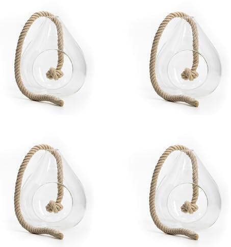 Glas Pflanzenhalter Tropfen 11 x 14cm 4 Stück mit Kordel zum hängen und hinstellen Tisch-Deko Vase für Sukkulenten Glas-Ampel