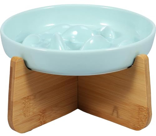 Gamelle Anti Glouton Chat Ceramique Gamelle Anti Glouton Petit Chien avec Bambou Support Gamelle Anti Glouton Chat Surélevée Prévenir Vomissements Indigestion Obésité (Vert)
