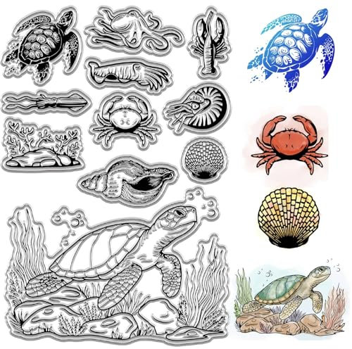 craspire Klare Stempel Mit Meerestieren, Meeresorganismus, Schildkröte, Krabbe, Garnelen, Jakobsmuschel, Wiederverwendbar, Retro-Stempel, Transparenter Silikon-Gummistempel Für Journaling