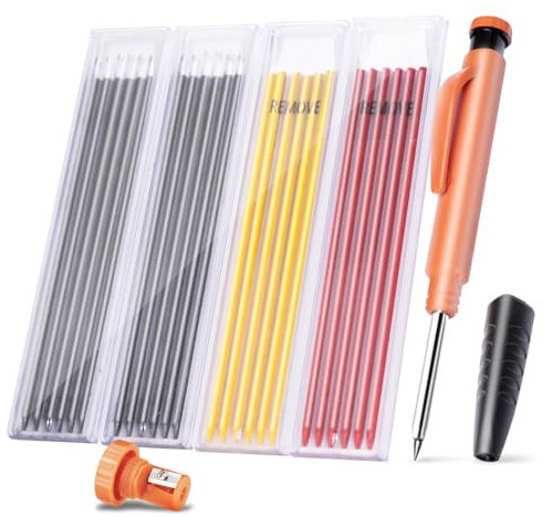 BillyBath Tieflochmarker Bleistift Set mit 25 Minen + Spitzer + Schreibgriff - Robuster Zimmermannsbleistift Dicke -Bohrlochmarker Druckbleistift Handwerker Holz Metall Beton Bau Baustelle