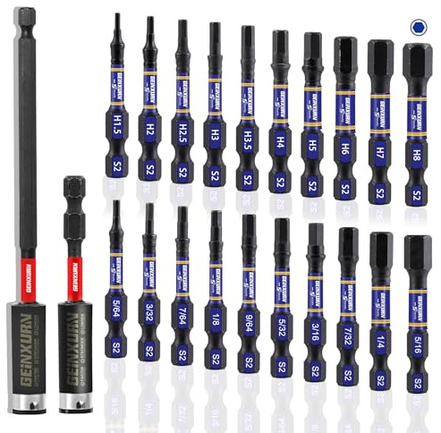 GEINXURN 22Pieces 2 In. Hex Head Impact Tough Magnetic Allen Wrench Drill Bits Set, Multi Hex Head (Metric&SAE) Power Bits Set, S2 Steel Hex Screwdriver Bit set with 3”Bit Holder