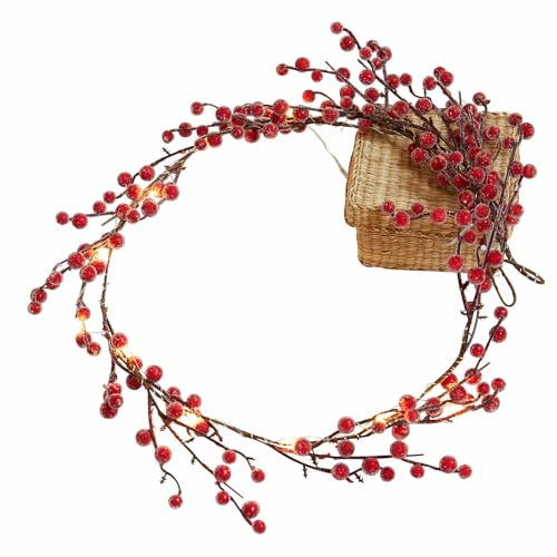 Loberon LED-Girlande Rimont, Naturnahe Deko-Beeren, 20 warmweiße LEDs, mit Batteriebetrieb, Lichterkette, Dekoration, Eisen, PVC, Kupfer, rot/braun
