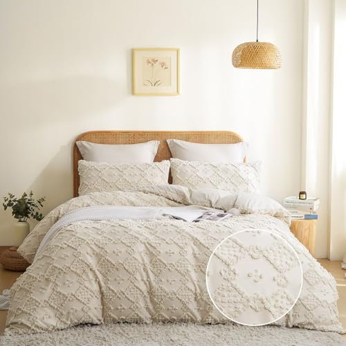 Freyamy Boho Bettwäsche 200x240cm 3teilig Beige Getuftet Kariert Bettwäsche Stickerei Shabby Chic Bettwaren-Sets 100% Microfaser Uni Bettbezug mit Reißverschluss und 2 Kissenbezug 80x80cm
