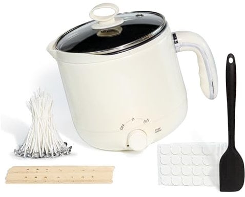 JULWHISPER Wachsschmelzer für die Kerzenherstellung 1,8L/60oz Wachsschmelzer mit Ausgießvorrichtung - Dochte, Dochtaufkleber, Zentriervorrichtung, Rührlöffel inklusive - EU Stecker