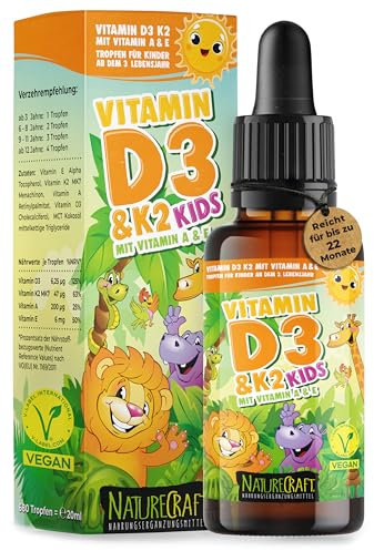 Vitamina D3 + K2 KIDS con vitamina A ed E, vegana, dosata per bambini dai 3 anni fino all'età adulta, per tutta la famiglia, insapore (20 ml = circa 6 fino a max. 22 mesi)