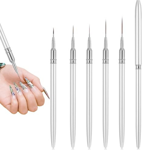 5PCS Thin Nail Art Brushes, Thin Nail Art Liner Brushes, Nail Liner Brush with Metal Pen Holder for Nail Art Nails Gel Polish Painting Designs Sizes 7/9/11/15/20mm (Silver)