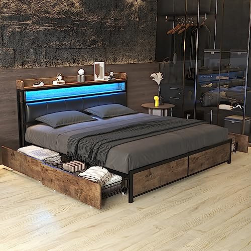 Azkoeesy Polsterbett mit LED-Beleuchtung, mit Lattenrost und Stauraum, 4 Schubladen aus Metallgitter, Polster-Kopfteil mit Ablage, Jugendbett Doppelbett im Industril-Design, Braun, 160 x 200 cm