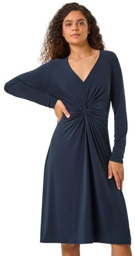 Roman Originals Fit and Flare Dress for Women Ladies Chest Twist Knot Ruched Tea Skater Empire Waist Wedding Guest Smart Casual Swing Midi 3/4 Long Sleeve Knee Length - Plain Navy - Size 12