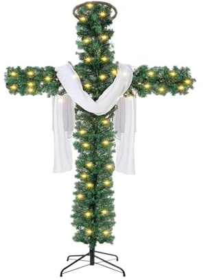 Arbre de Noël en croix - Arbre de Noël pliant, Arbre de Noël en pin artificiel pré-éclairé | Arbre de Noël étincelant Piqueté pour l'extérieur avec anneau en rotin en bois