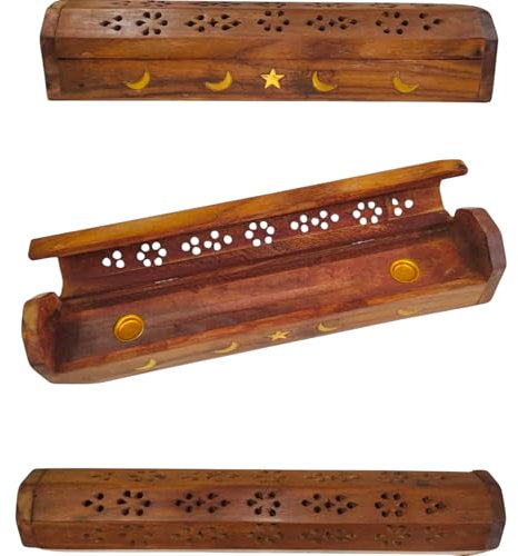 Porta incenso in legno marrone con motivo sole e luna, realizzato a mano, per bastoncini e coni