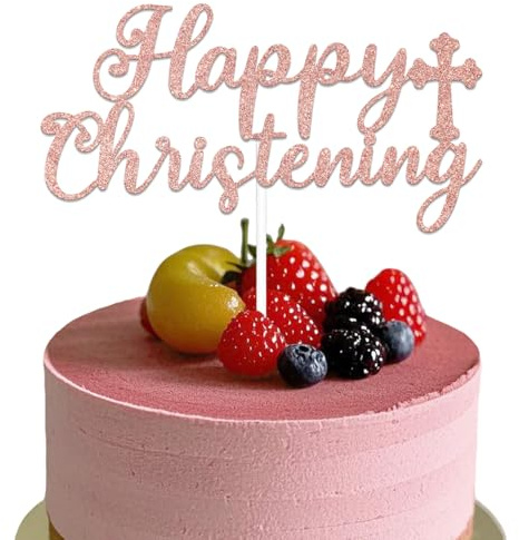 Double-Side Happy Christening Cake Topper, My Baptism Cake Topper, Baptism, Birthday, Wedding, Anniversary Party Decorations Rose Gold Glitter