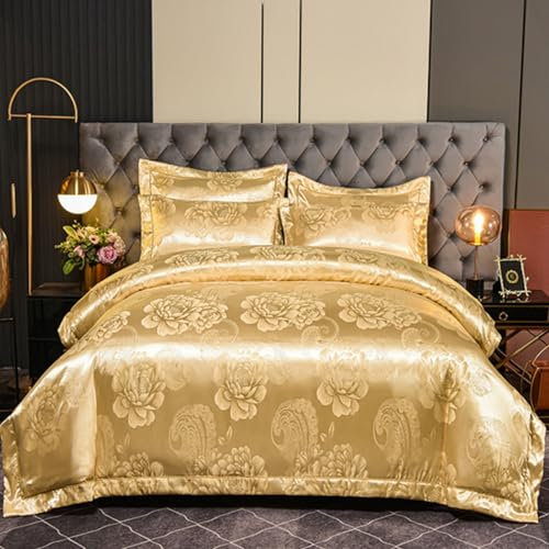 Tospass Satin Bettwäsche 135x200 4Teilig Khaki Jacquard Stickerei Luxus Satin Bettwäsche-Sets Vintage Chic Kühl Sommer Deckenbezug 2 Bettbezug mit Reißverschluss und 2 Kissenbezug 80x80cm