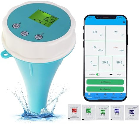Testeur de qualité de l'eau Bluetooth pour pH, ORP, EC, TDS, température et chlore | Thermomètre flottant WiFi étanche pour piscine, jardin, aquarium
