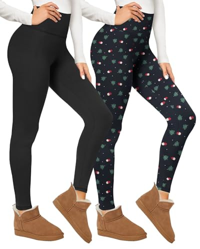 CAMPSNAIL 2er Pack Thermo Leggings Damen Im Winter, Gefüttert High Waist Thermohose Dicke Warm Fleece Leggins Blickdicht Für Sport (Schwarz/Weihnachtsbaum,L/XL)