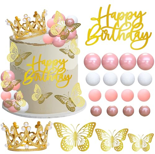Gyufise 40Pcs Crown Cake Topper Balls Happy Birthday Cake Toppers Crown Birthday Candles Butterflies Corona para Pastel Cake Decorations for Wedding Baby Shower Party Decorations Gold Pink