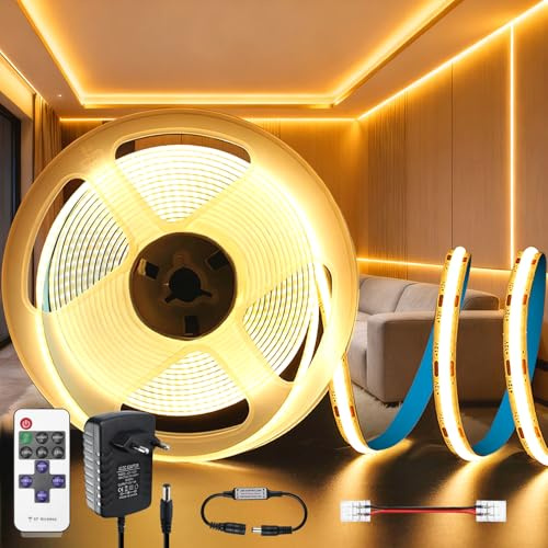 KSIBNW Ruban LED COB 5M, Dimmable 12V Bandeau LED avec Telecommande et Alimentation, Bande Lumineuse Blanc Chaud 3000K Largeur 8mm Ruban COB LEDs pour Chambre, Mural, Cuisine, Salon, Interieur Maison