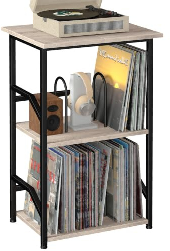 LOAKEKEL Record Player Stand, Vinyl Record Storage with Extra-Large Desktop | 3-Tier Side Table Hold Up to 200 Albums, Turntable Stand for Player, Bedside Table for Living Room, Bedroom Grey