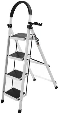 Lazmin112 Scala Bianca a 4 Gradini con Corrimano, Sgabello Pieghevole Portatile in Acciaio Resistente per Uso Interno Ed Esterno