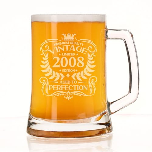 Always Looking Good 18th Birthday Gift for Men Vintage 2008 Aged to Perfection Engraved Beer Stein Glass Mug Present for 18 Year Old Etched Lager Half Litre Beer Stein Tanker Glasses