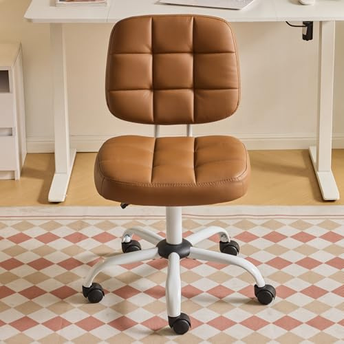 Bonnlo Bürostuhl ohne Armlehne, Kleiner komfortabler schreibtischstuhl mit Rollen, Drehstuhl Höhenverstellbar für Büro, Schlafzimmer, Arbeitszimmer, Schminkstuhl aus Leder, Braun