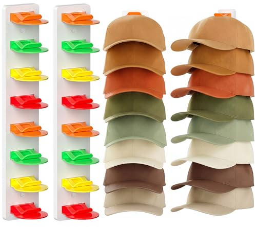 Haiou Kappenhalter Cap Halter Wandmontage – Stabile Cap Halterung Wand für Baseballkappen, verstellbar mit Klebstoff/Schrauben, für 16 Caps, 2 Stück