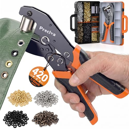 Preciva Ösenzange, Ösenzangen Set, Profi Ösenzange mit Hebeltechnik Sichere Ösenpresse 420 Ösen in 4 Farben Ø6mm für PVC-Banner, Planen, Karton