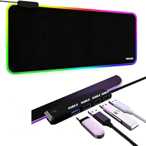 Tappetino per mouse RGB Gaming con hub USB, XXL 800 x 300 mm, con 14 modalità di illuminazione, splitter USB integrato, antiscivolo, impermeabile, per PC Gamer Laptop – nero
