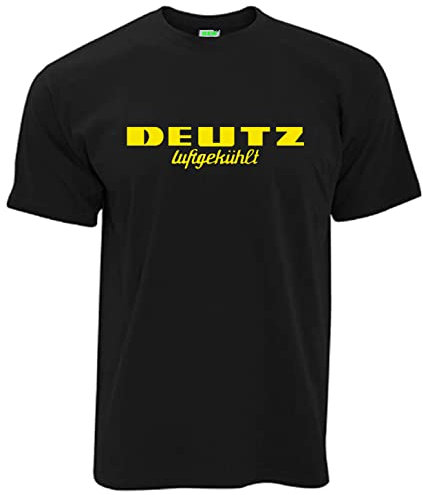 Deutz Luftgekühlt Oldtimer T-Shirt Herren, Kurzarm, Rundkragen | gelber Brustdruck | Schwarz | Größe L
