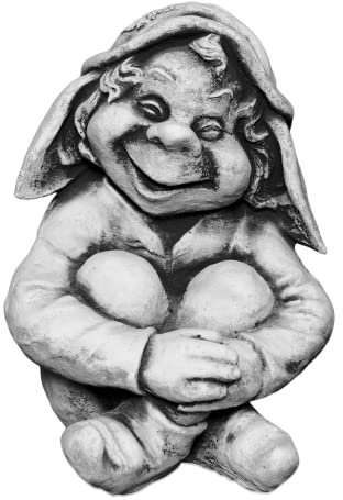 gartendekoparadies.de Gnom als lustiger Freund, Steinfigur Wichtel, H. 30 cm, 11 kg, Grau, frostsicher aus Steinguss für Außenbereich