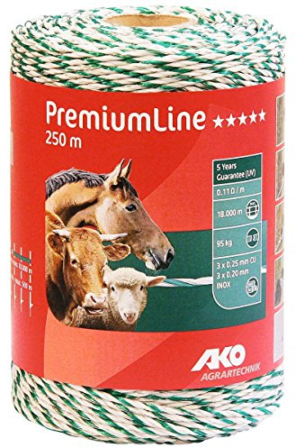 AKO Weidezaunlitze PremiumLine 1000 m (weiß/grün, dicke PE-Fäden, 40x höhere Leitfähigkeit, stabile Edelstahlleiter, reißfest, Tierzubehör, Zubehör Weidetiere) 441738