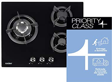 Sauber - Placa de Cristal Gas SECGB05-3 zonas - Butano - Parrilla Hierro Fundido - Autoencendido - Cristal Templado Negro - Seguridad GasStop - Ancho: 60cm - ENTREGA EN DOMICILIO