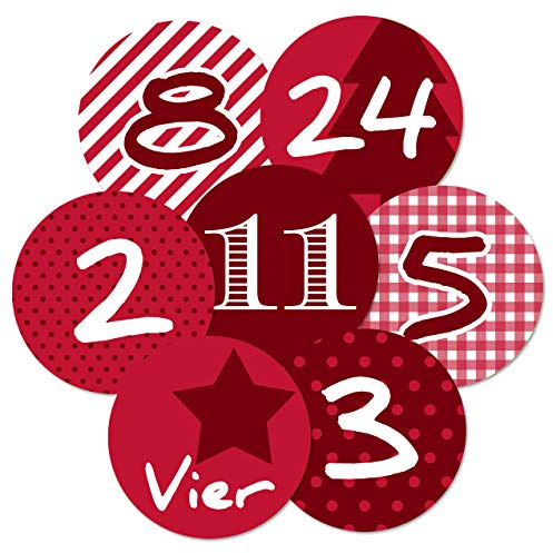 Frau WunderVoll® 24 Adventskalenderzahlen Aufkleber rot, Durchmesser 4 cm/Sticker, Weihnachten, Adventskalender, DIY Kalender, Kindergeburtstag, Aufkleber Kinder,Junge, Mädchen