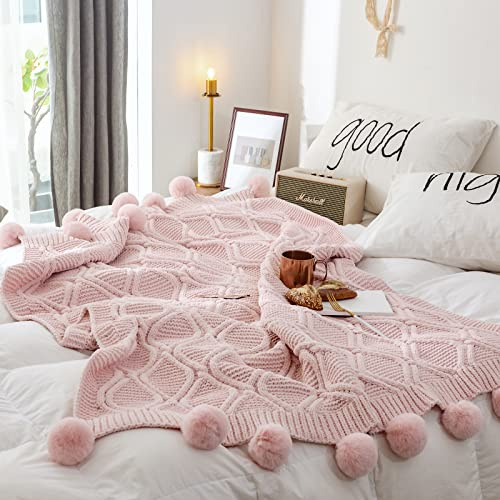Doneus Couverture tricotée à pompons 100 % coton doux pour canapé et canapé (Ivoire, 129,5 x 160 cm) 51x63in(130x160cm) rose