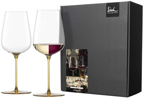 EISCH Inspire SensisPlus Allroundgläser Fruchtig & Aromatisch, 580 ml, Weißweingläser mit farbigem Stiel, Kristallglas, 2 Stück im Geschenkkarton, Transparent / Amber