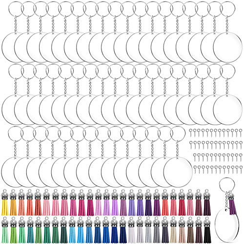 Duufin 250 Pièces Acrylique Transparent Cercle Disques Porte-clés Kit avec Acrylique Cercle Disques, Anneau avec Chaîne, Glands Pendentif, Anneaux Ouverts et Tige à Vis pour DIY Porte-Clés Accessoires
