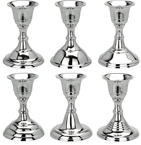 6er Set Kerzenständer ca. 8,5cm Silber farbig Kerzenleuchter Stabkerzenhalter Leuchter Kerzenhalter Metall klein Chrom einarmig