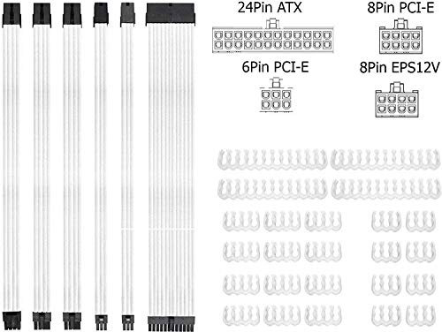 Power Supply Sleeved Cable /24pin ATX /4+4pin EPS /8-pin PCI-E /6pin PCI-E PSU Extension Cable Kit 30cm Length with Combs, White
