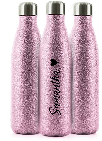 Hairyworm Personalised Initial Water Bottle, BPA Free, 500ml Pink, Blue, Gold, Silver, White, Smooth, Glitter Stainless Steel Flask for Hot and Cold Drinks, Customised with Black Heart and Name